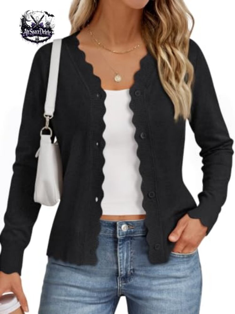 Lightweight Button Front V-Neck Wavy Edge Knit Cardigan Long Sleeve Sweater